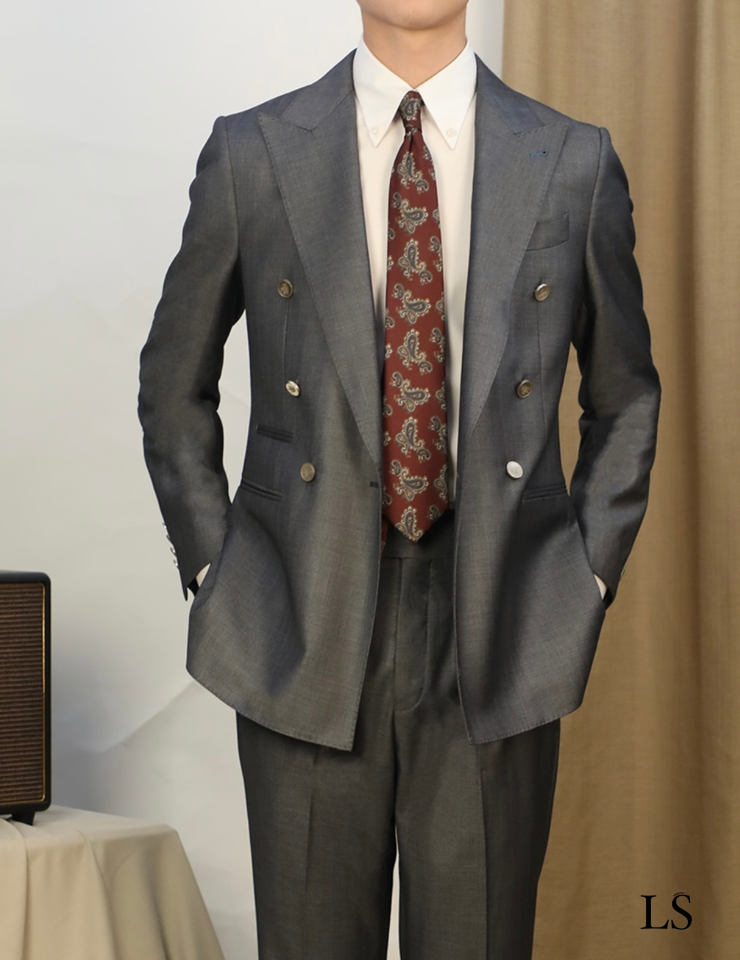 Double Breasted Peak Lapel Gray Suit