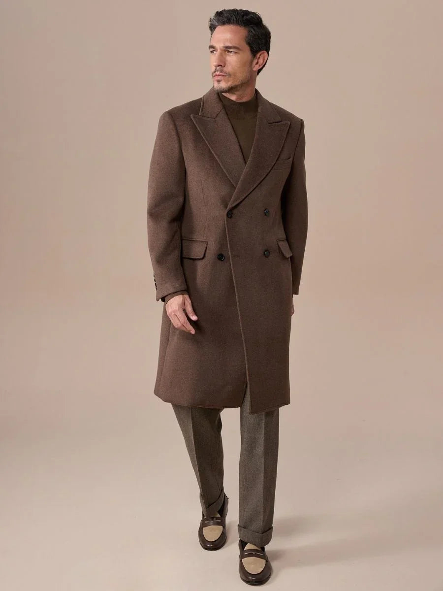 Brown Double Breasted Overcoat with Peak Lapel