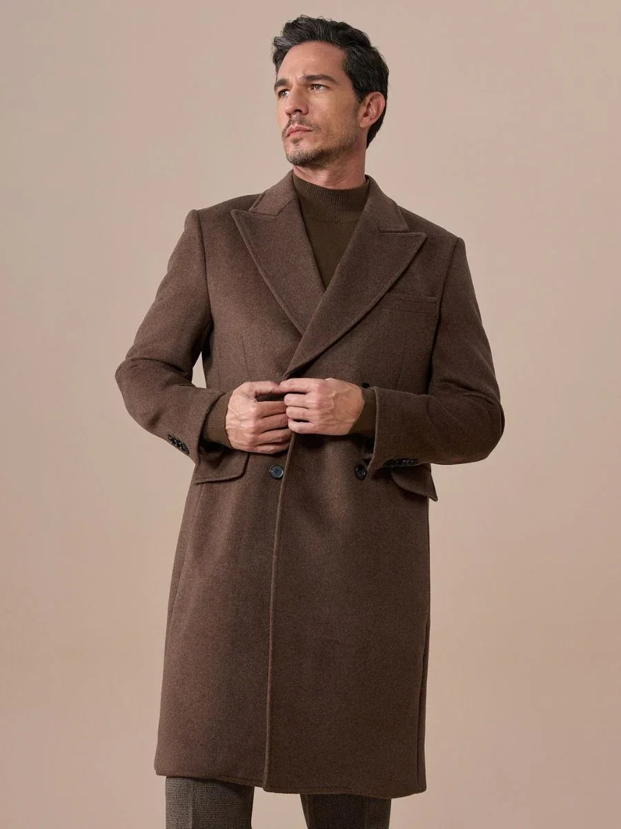 Brown Double Breasted Overcoat with Peak Lapel