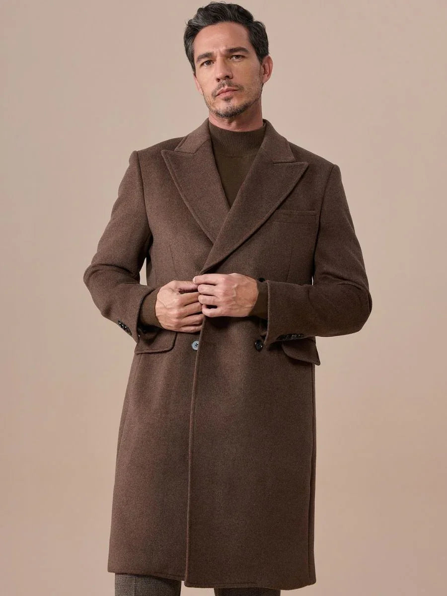 Brown Double Breasted Overcoat with Peak Lapel