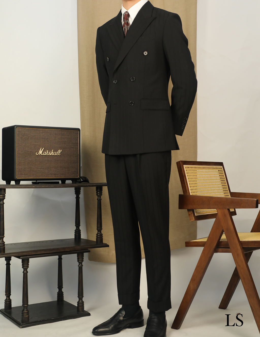 Double Breasted Black Striped Suit