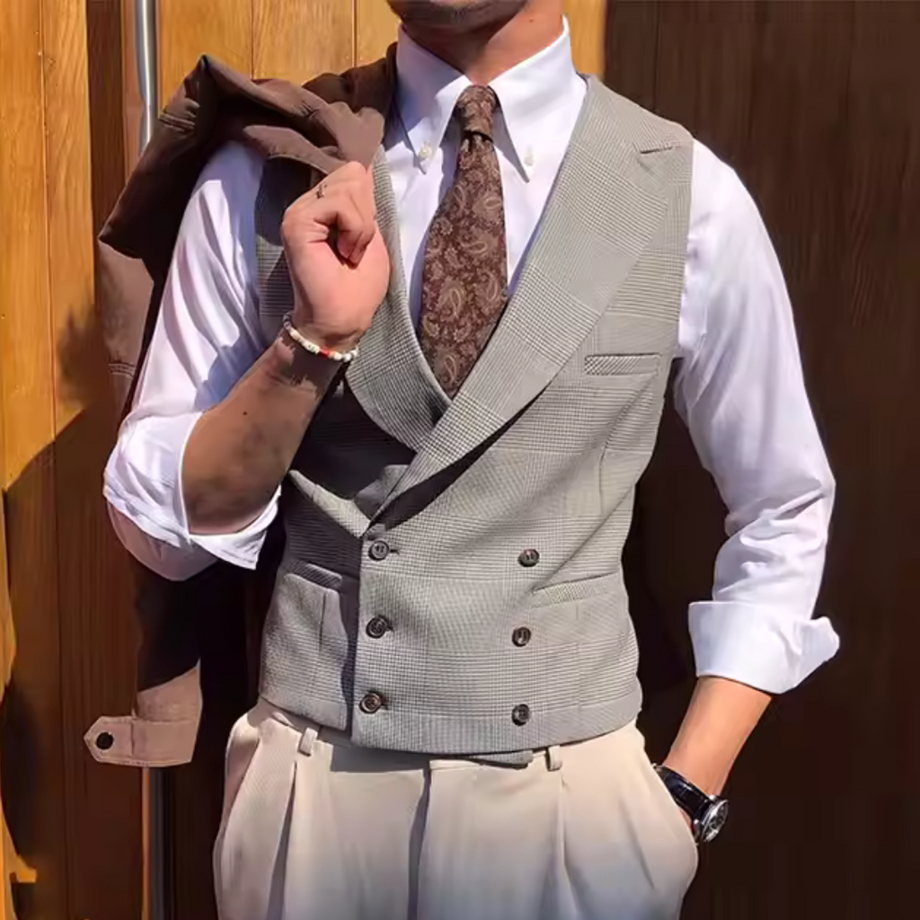 Double-Breasted Vest Glen Plaid Gray