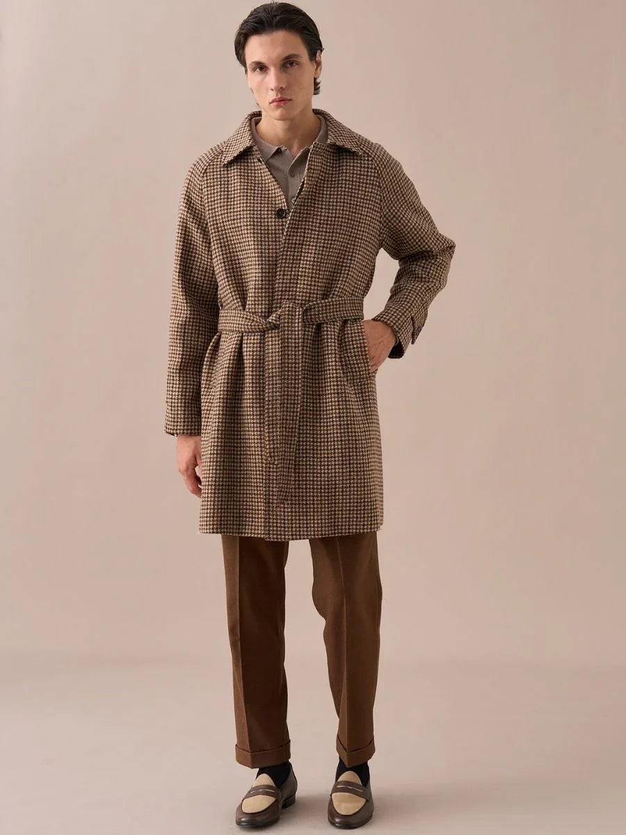 Men's Houndstooth 100% Wool Belted Coat