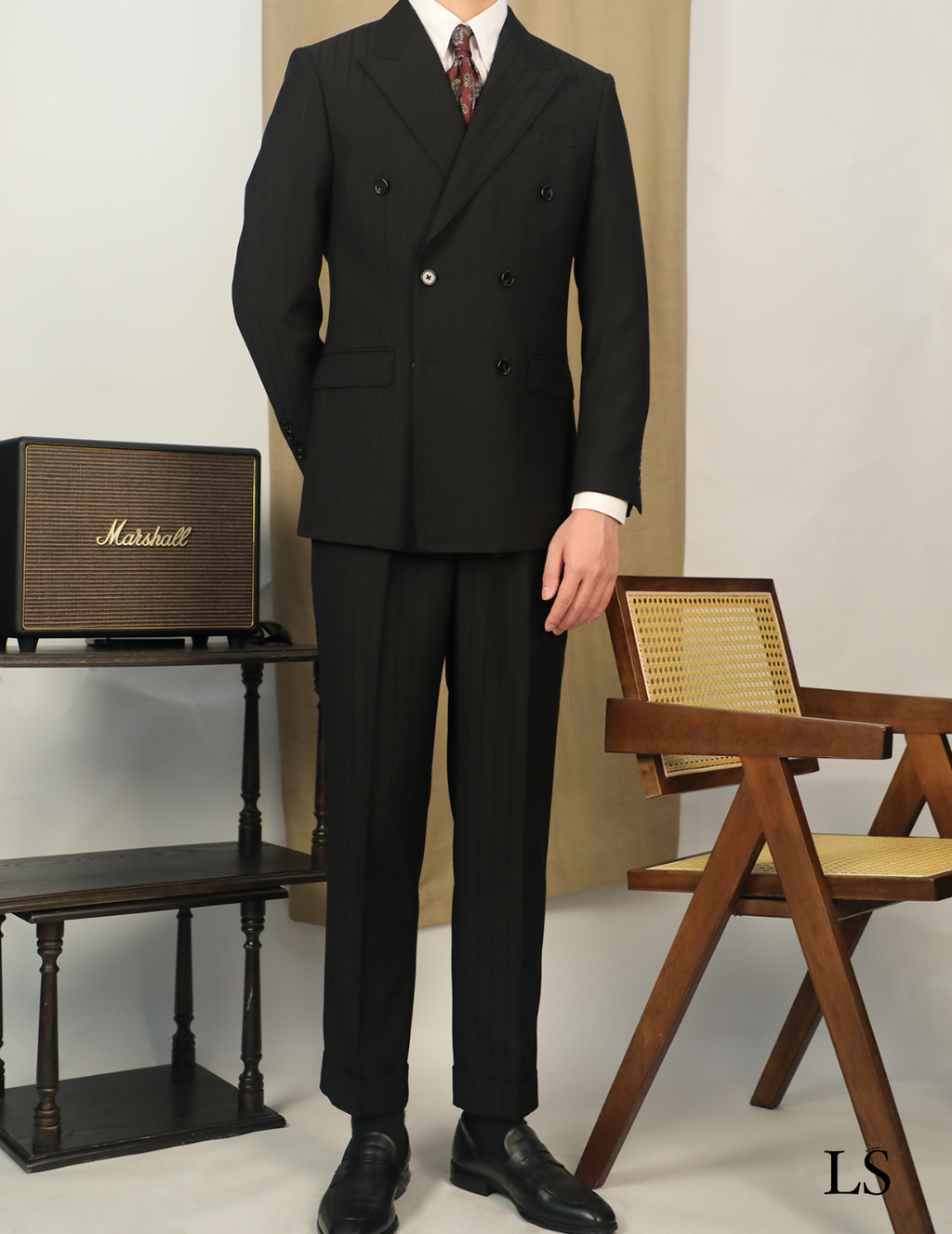 Double Breasted Black Striped Suit