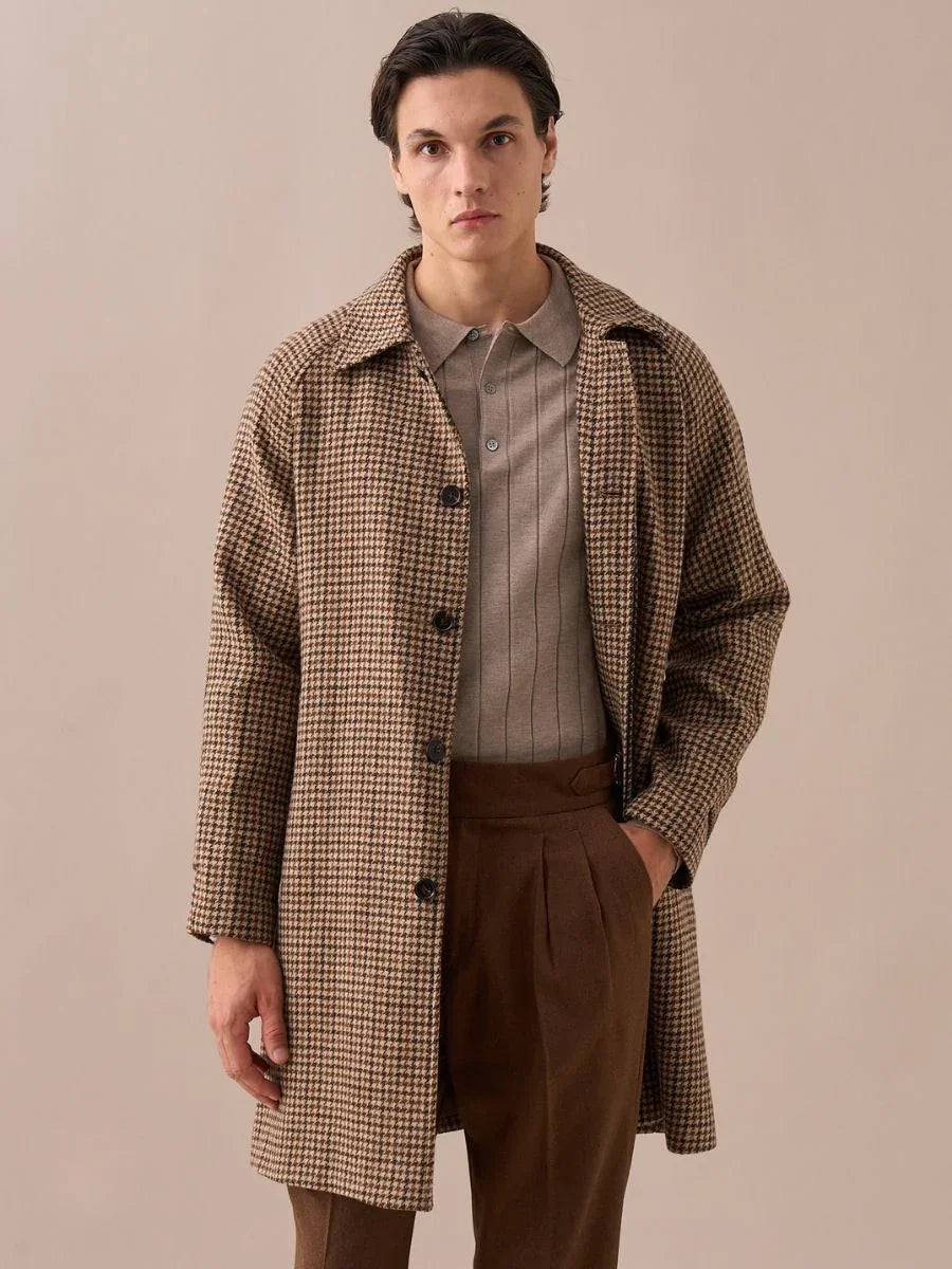 Men's Houndstooth 100% Wool Belted Coat