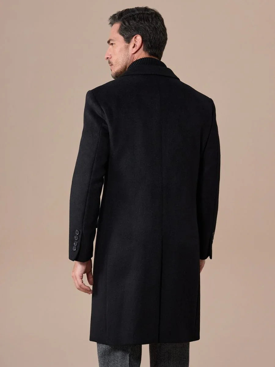 Black Double Breasted Overcoat with Peak Lapel