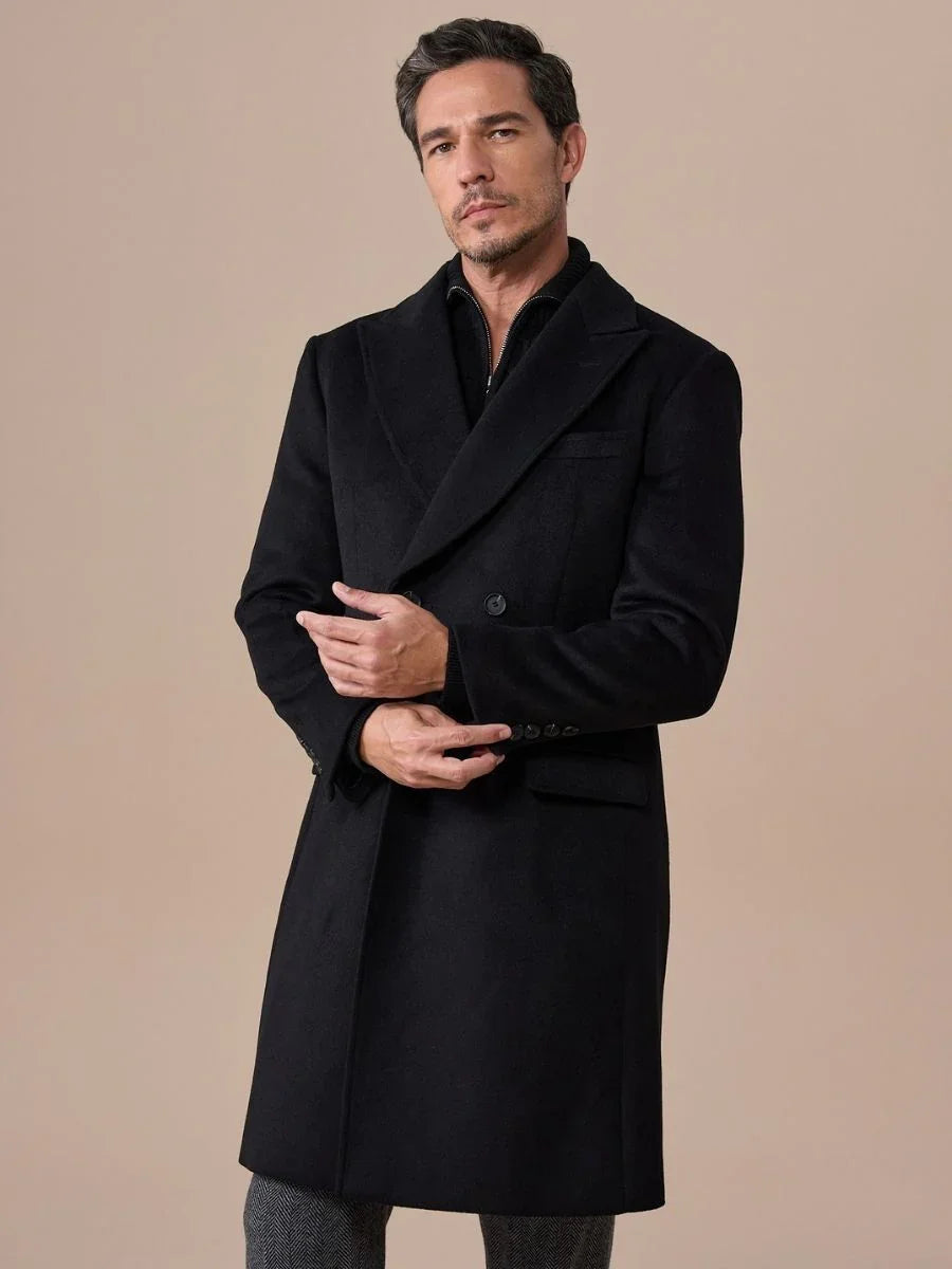 Black Double Breasted Overcoat with Peak Lapel