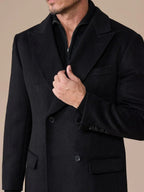 Black Double Breasted Overcoat with Peak Lapel
