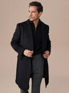 Black Double Breasted Overcoat with Peak Lapel