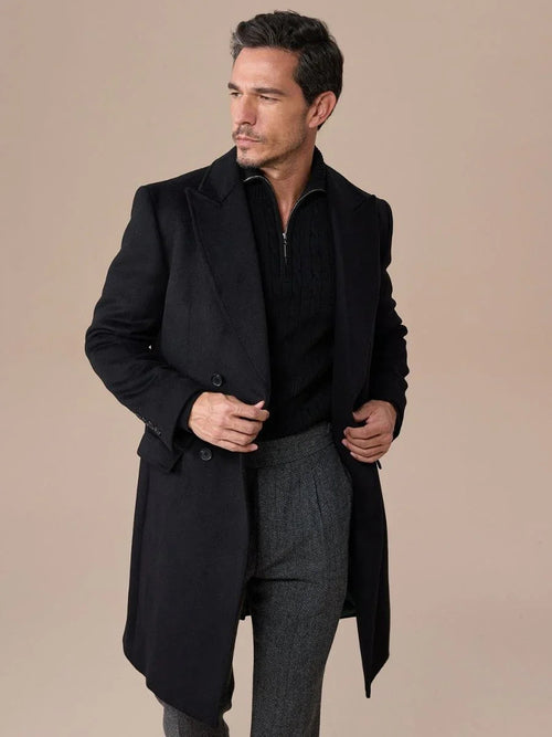 Black Double Breasted Overcoat with Peak Lapel