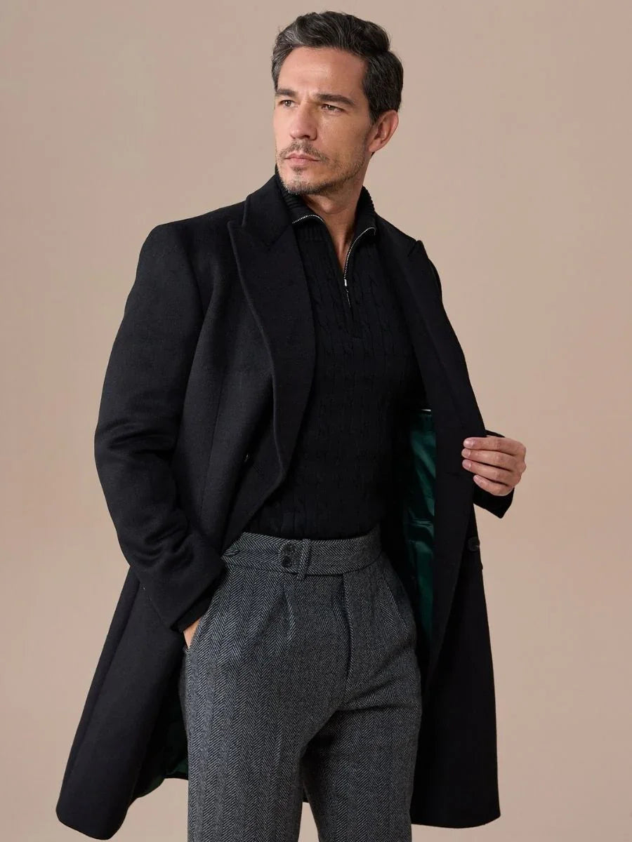 Black Double Breasted Overcoat with Peak Lapel