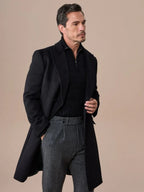 Black Double Breasted Overcoat with Peak Lapel