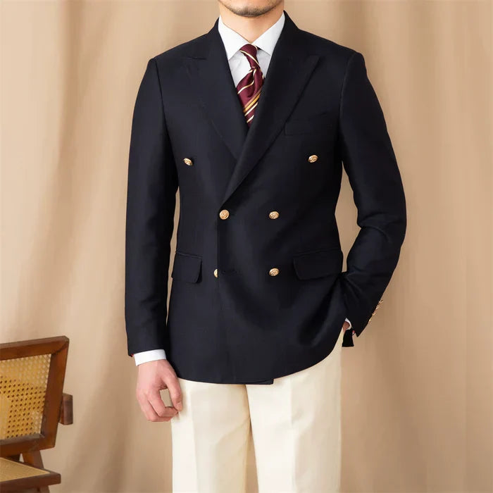 Double-Breasted Wrap Blazer with Gold Buttons