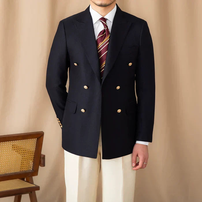 Double-Breasted Wrap Blazer with Gold Buttons