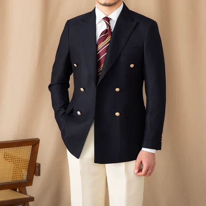 Double-Breasted Wrap Blazer with Gold Buttons