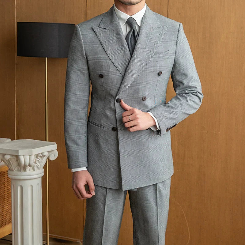 Double Breasted Gray Prince of Wales Check Suit