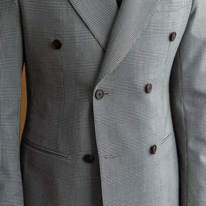 Double-Breasted Prince of Wales Check Gray Blazer