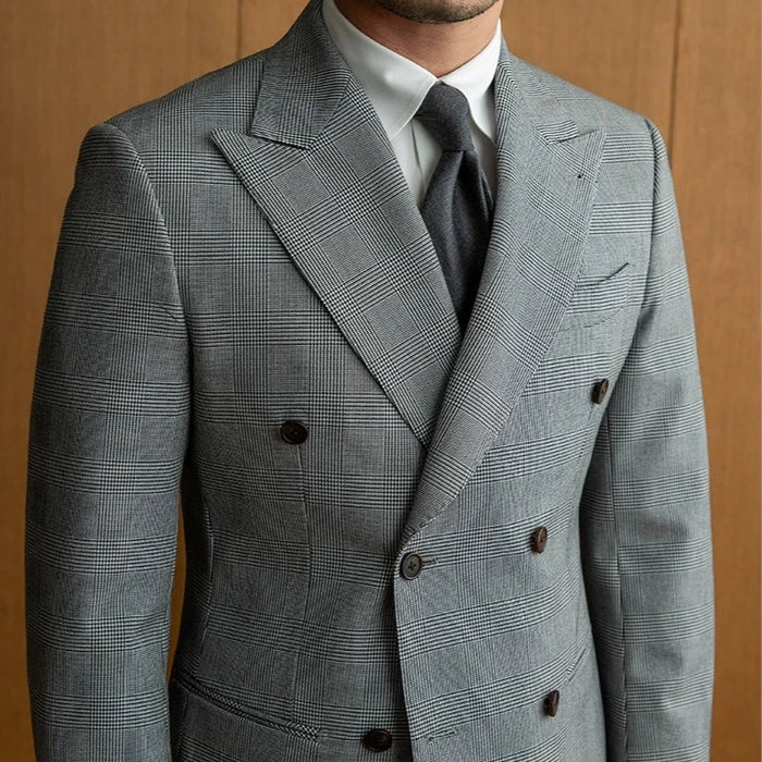 Double-Breasted Prince of Wales Check Gray Blazer