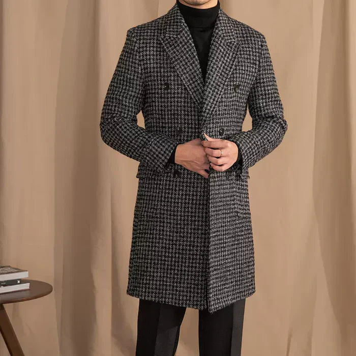 Dark Gray Houndstooth Check Double-Breasted Overcoat