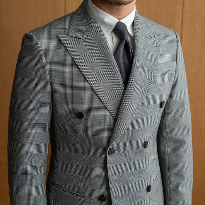 Double Breasted Gray Prince of Wales Check Suit