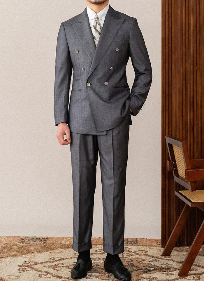Double Breasted Peak Lapel Gray Suit