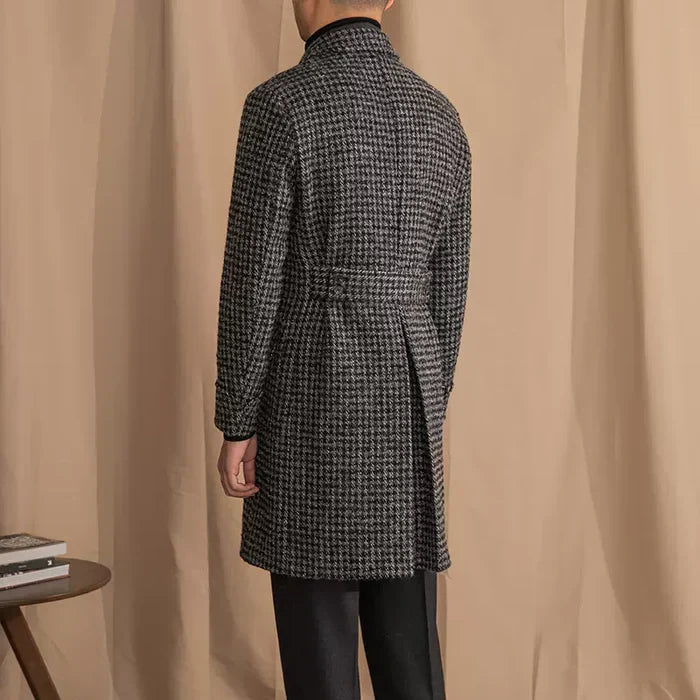 Dark Gray Houndstooth Check Double-Breasted Overcoat