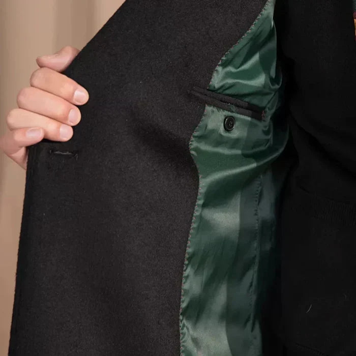 Black Double Breasted Overcoat with Peak Lapel