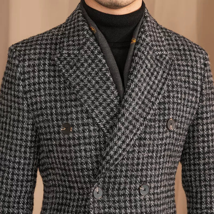 Dark Gray Houndstooth Check Double-Breasted Overcoat