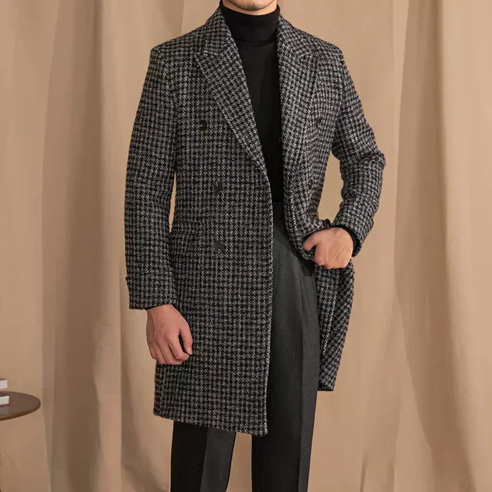 Dark Gray Houndstooth Check Double-Breasted Overcoat