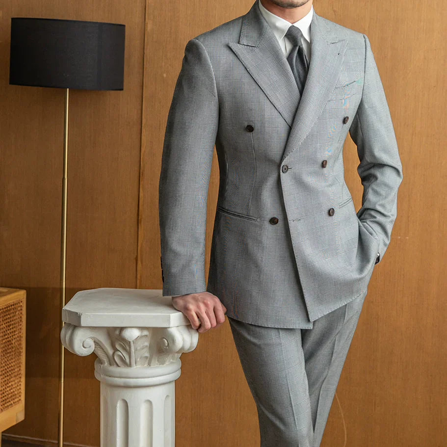 Double Breasted Gray Prince of Wales Check Suit